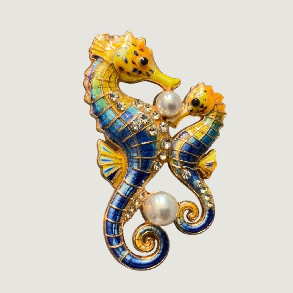 Vintage Enamel Seahorse Brooch Gold Tone Faux Pearl Rhinestone Nautical Pin